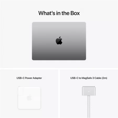 Förpackning innehåller macbook, USB-C till magsafe laddningskabel och strömadapter